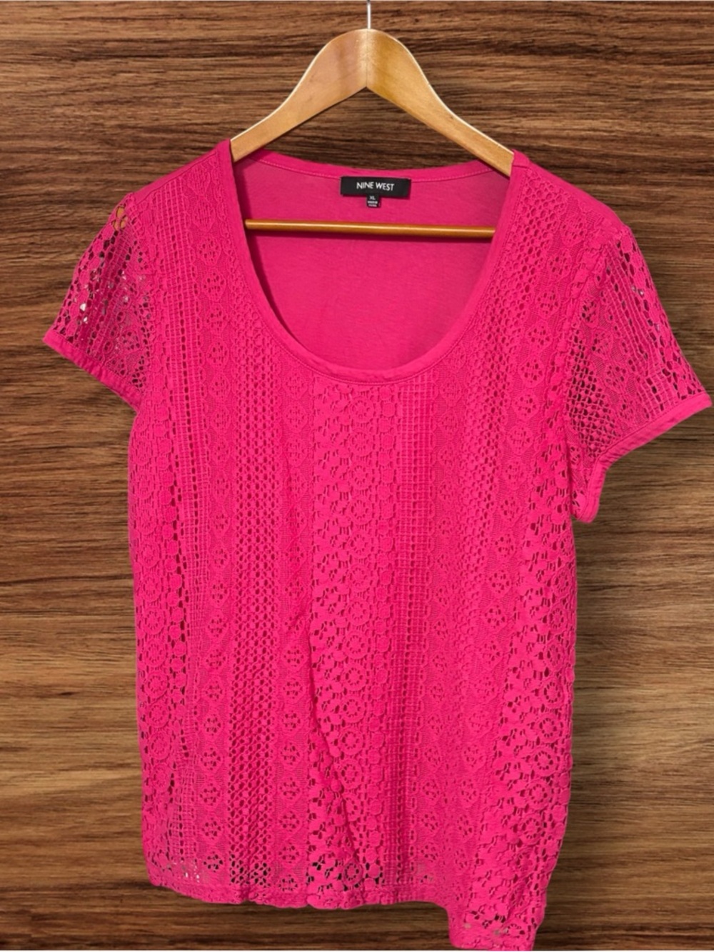 Nine West Women's Hot Pink Lace Front Short Sleeve Top